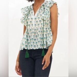 Oliphant Tuckernuck Flirty Tie Top Size Small Blue Gold Lotus Top - cotton silk